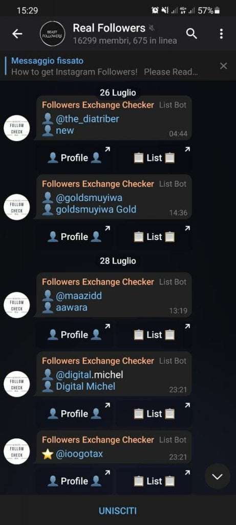 Here is an example of how the chat may appear in your follow exchange group
