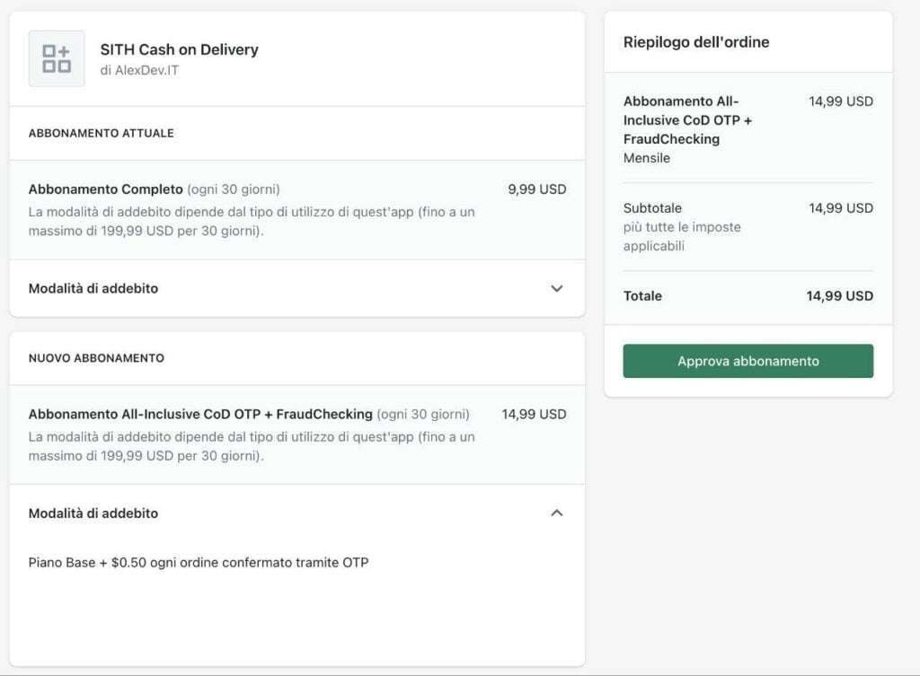 Example of what the purchase page of a custom shopify application can look like