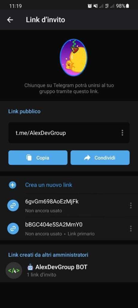 Esempio dei nuovi link privati per i gruppi Telegram